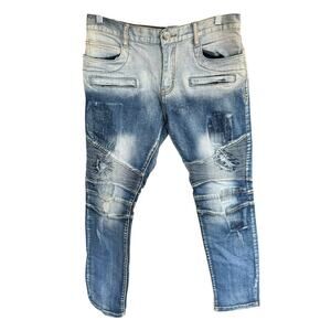 Denim House Jeans Men 34 Blue Stonewashed Bleached Wiskering Streetwear Grunge